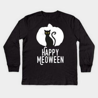 Happy Meoween – Halloween White Pumpkin Cat Silhouette Kids Long Sleeve T-Shirt